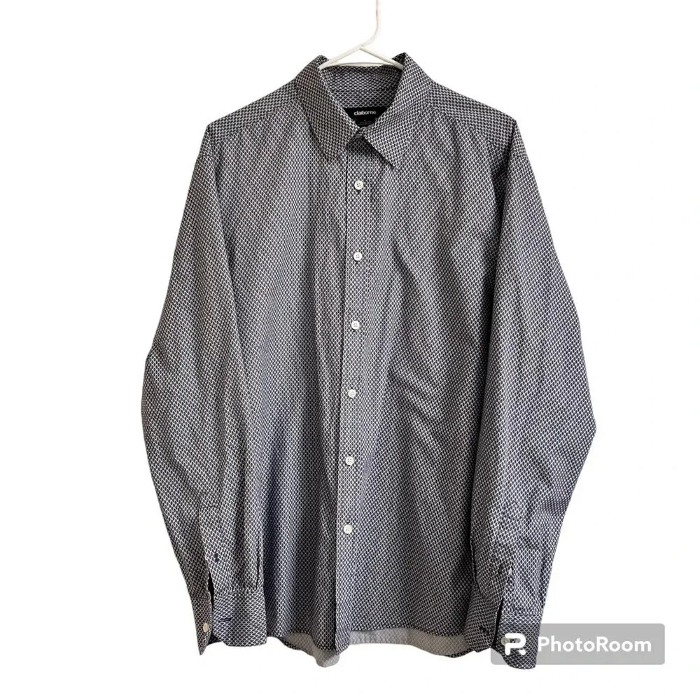 CLAIBORNE Men Dress Shirt Size Large 100% Cotton Long Sleeves Blue Geometric - Picture 3 of 7